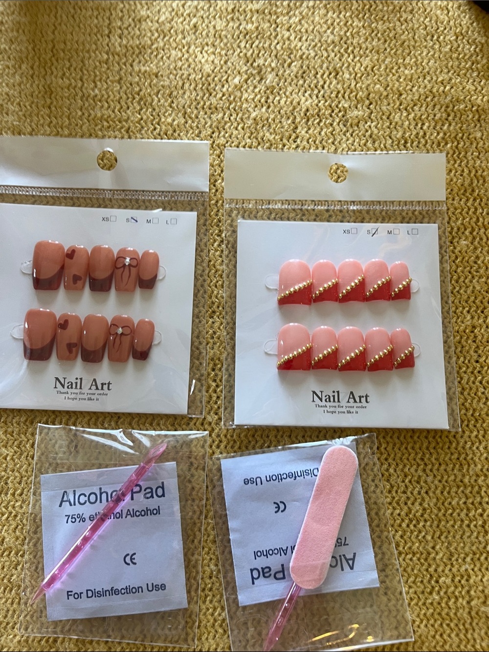 Press-On Nail Set - Pink Nail Art with Gold Accent Two Sets